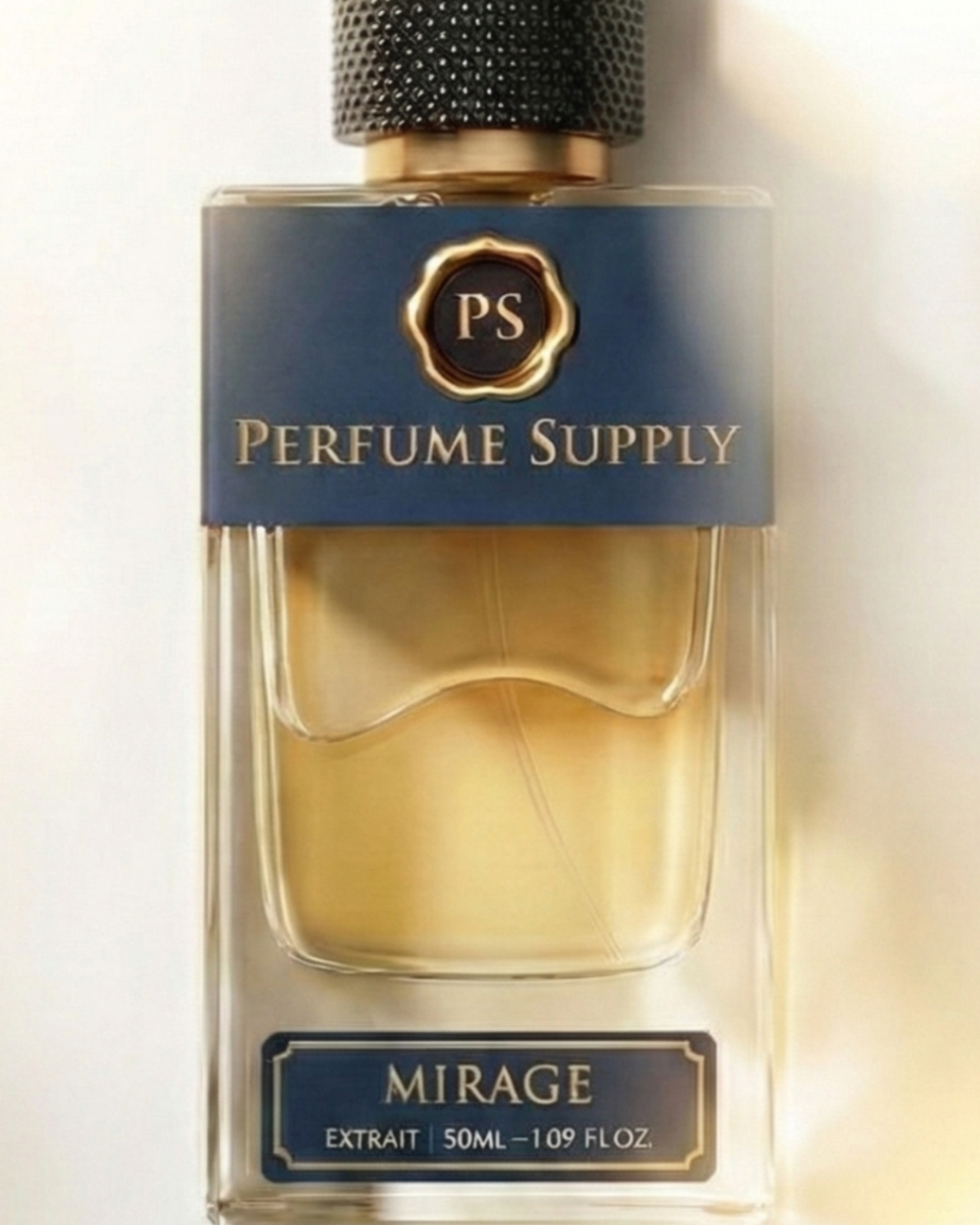 Perfume bottle with blue label on a soft beige background